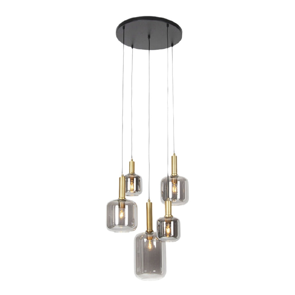 Suspension en verre transparent à 5 lumières avec finitions dorées
