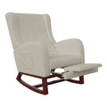 Fauteuil à bascule inclinable en tissu beige avec repose-pieds intégré.