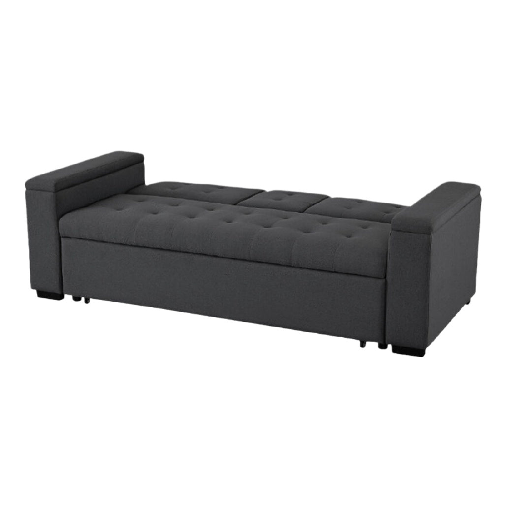 Sofa-lit gris foncé avec rangement intégré et matelassage élégant.
