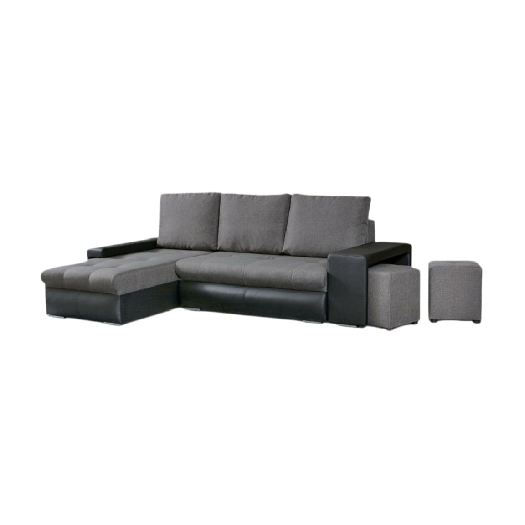 Canapé d'angle moderne en tissu gris avec pouf assorti