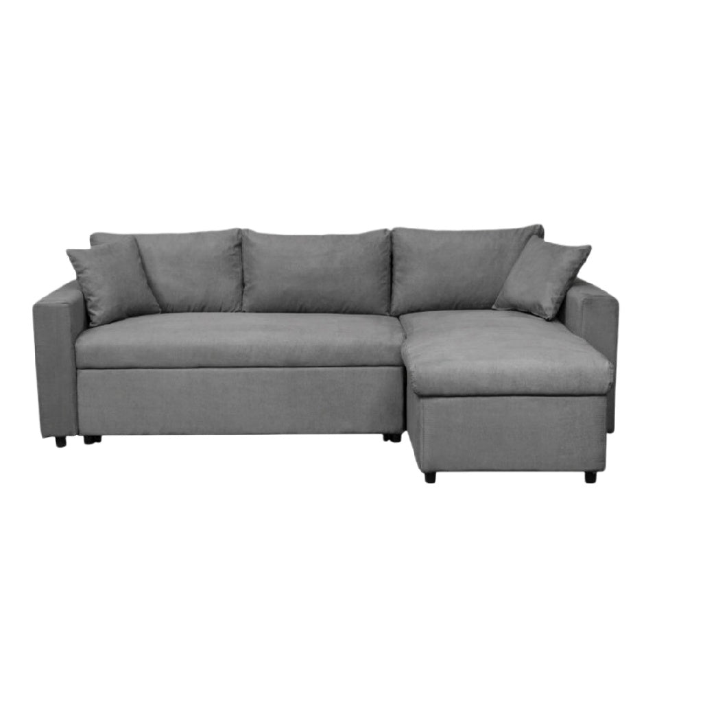 Canapé d'angle en tissu gris avec mécanisme de rangement intégré