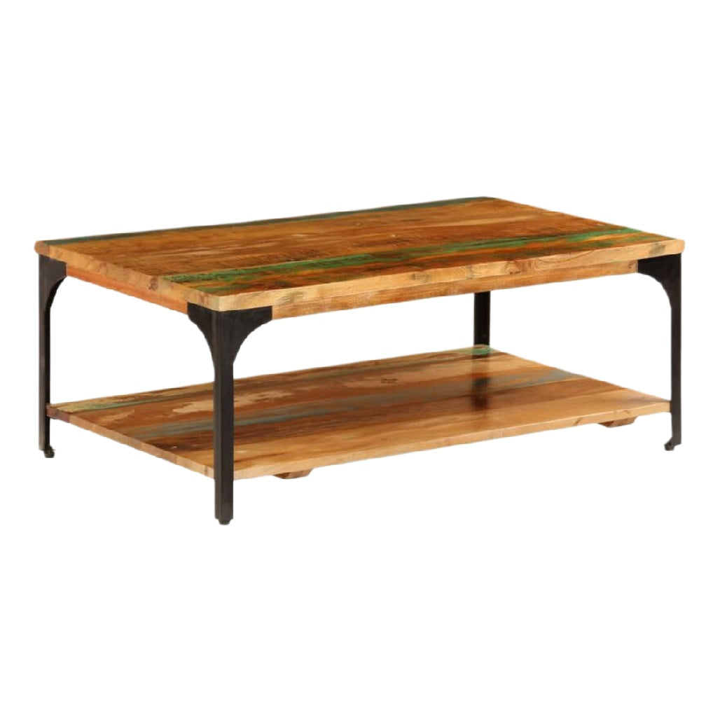 Table basse en bois massif avec étagère inférieure en métal noir – design contemporain.