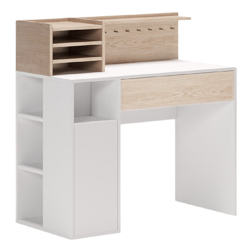 Bureau moderne en bois et blanc avec rangements intégrés.