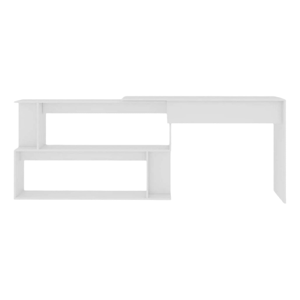 Bureau moderne en bois blanc avec étagères intégrées et design épuré.