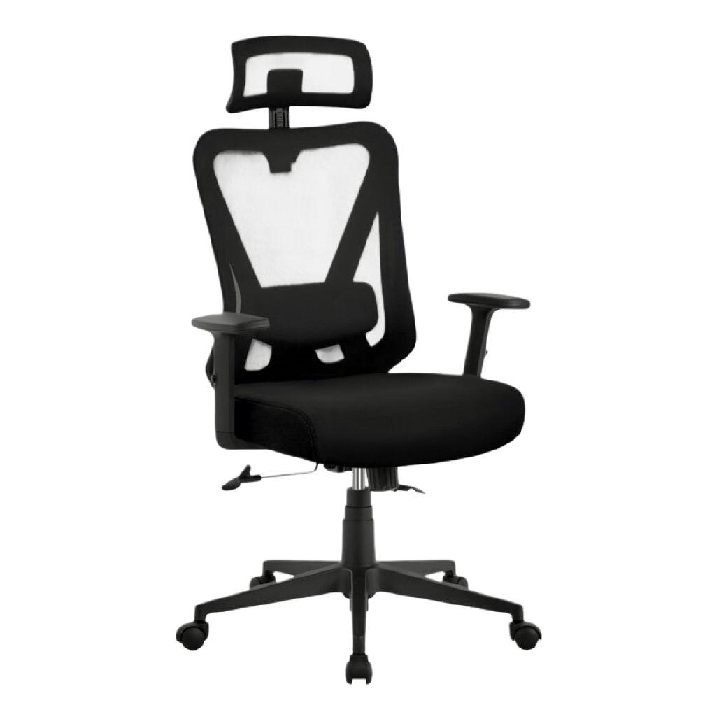 Chaise de bureau ergonomique en maille noire avec appui-tête ajustable.